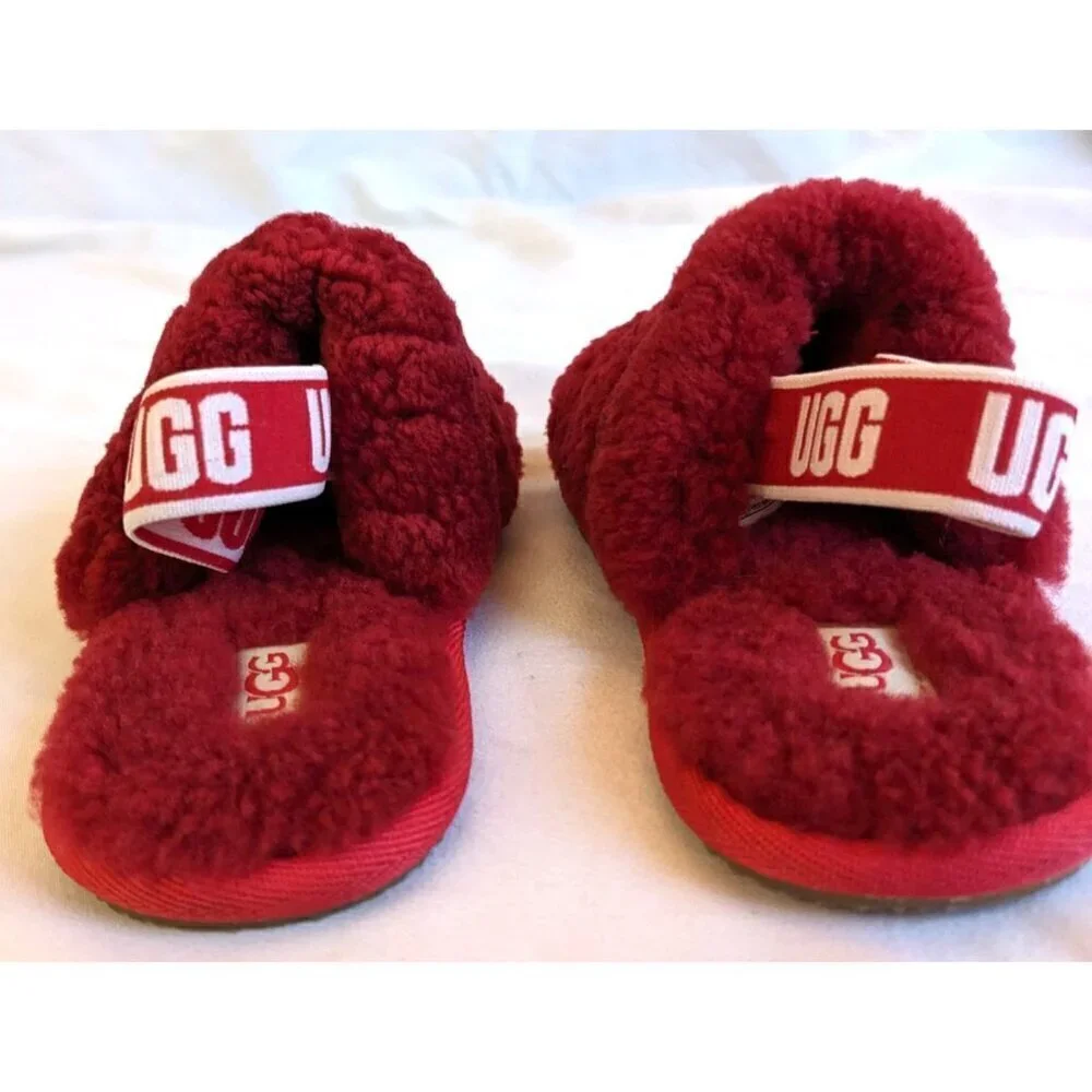 NWOT UGG Kids Fluff Yeah Sling-back Slides Ribbon Red Genuine Shearling